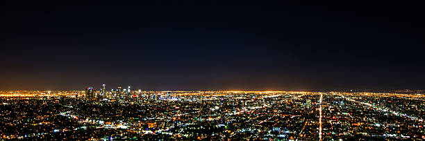 Panorama long exposure night view of downtown Los Angeles downtown