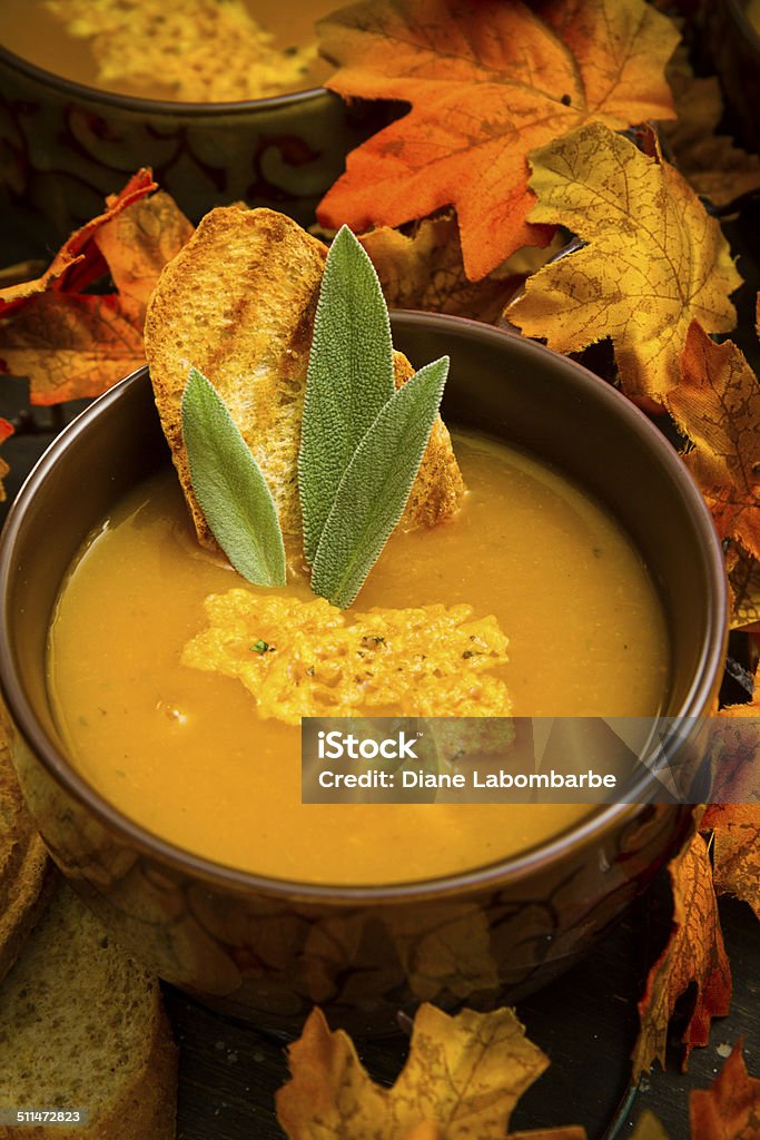 Bowls Of Butternut Squash Soup In A Table Autumn Stock Photo