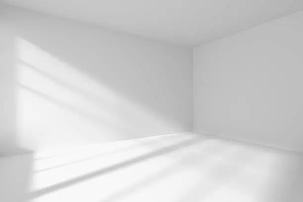 Abstract architecture white room interior - empty white room corner with white walls, white floor, white ceiling with sunlight from window, without any textures, 3d illustration