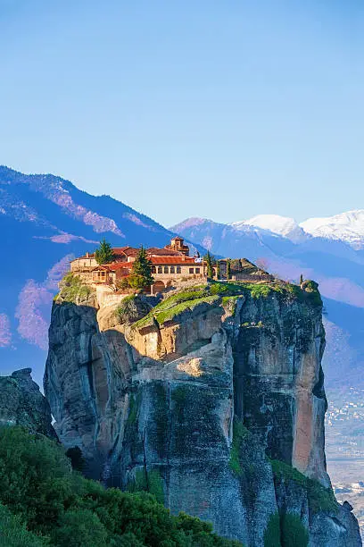 Picturesque view on the Monastery of Holy Trinity, situated on the cliff, Meteora, Greece