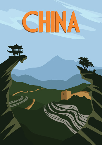 China travel poster. Chinese traditional landscape of rice fields