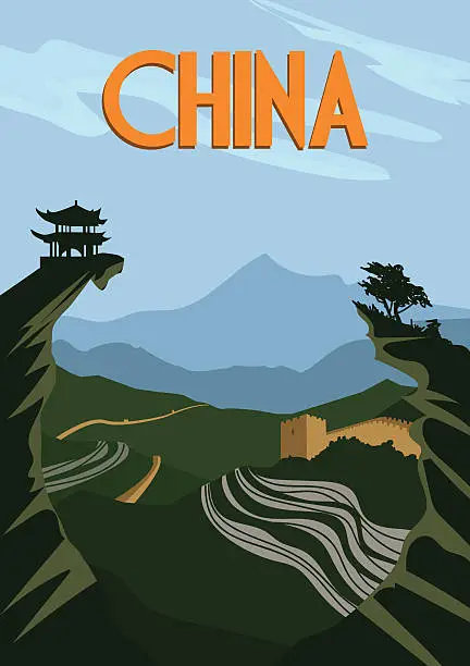 Vector illustration of China travel poster. Chinese traditional landscape of rice fields. Vector