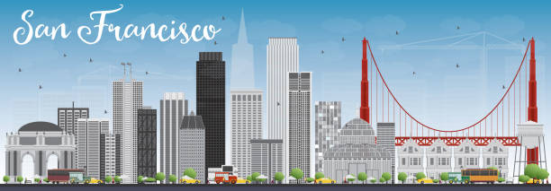 illustrazioni stock, clip art, cartoni animati e icone di tendenza di grigio skyline di san francisco con edifici e cielo blu. - san francisco county skyline silhouette sky