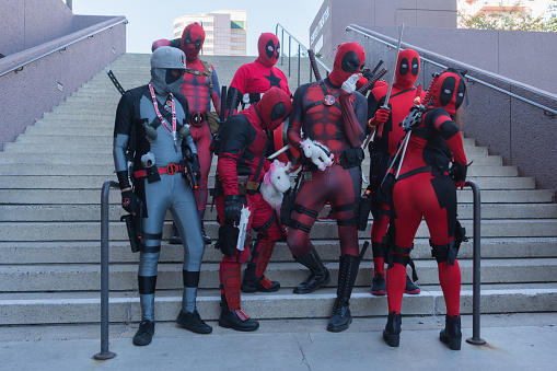 Long Beach, CA - USA - February 20, 2016: Participans with Deadpool costumes during the Long Beach Comic Expo.