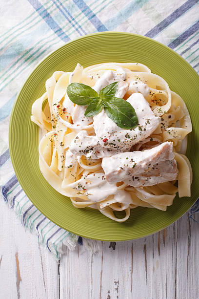istock alfredo pasta in cream sauce with chicken closeup. vertical 511477234