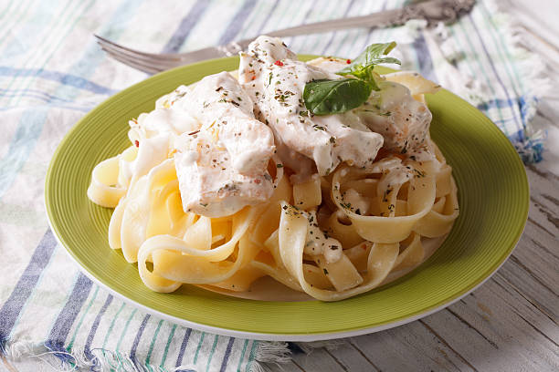 istock fettuccine pasta in cream sauce with chicken closeup. horizontal 511477456