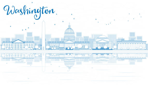 ilustrações, clipart, desenhos animados e ícones de contorno do horizonte de washington dc, com prédios azul e reflexo - residential district backgrounds beauty blue