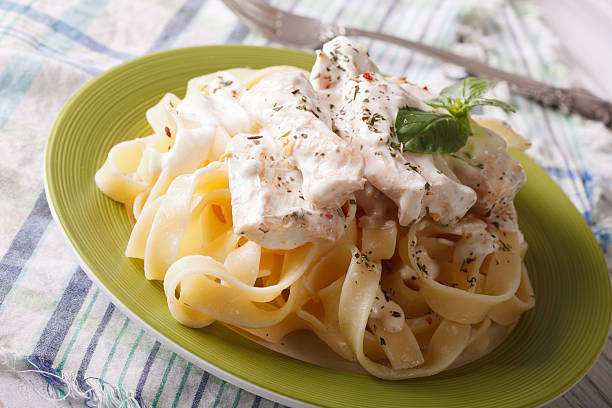 istock Pasta Alfredo with chicken and cream sauce close-up. horizontal 511477852