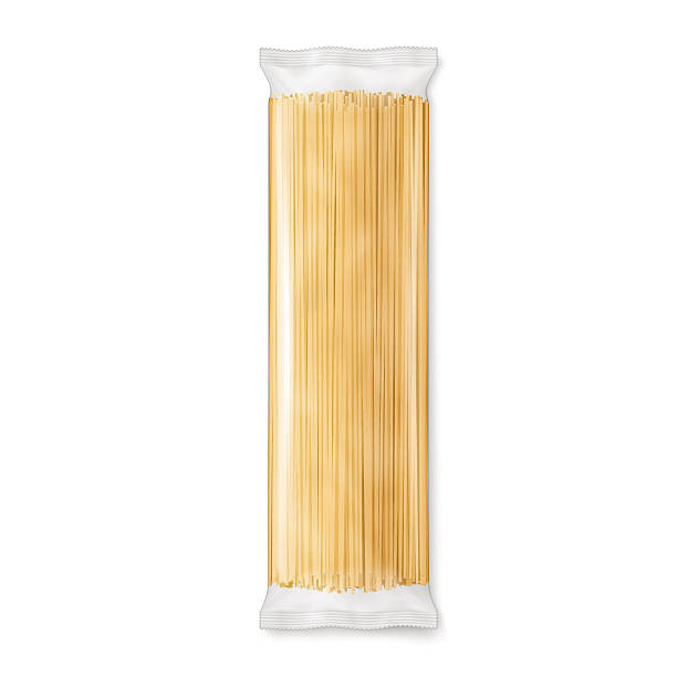 Spaghetti pasta transparent package. Spaghetti or capellini pasta transparent package, isolated on white background. Vector illustration.   spaghetti stock illustrations