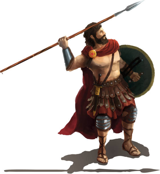 Spartan with spear, character on white Spartan with spear, character isolated on white ulysses stock illustrations