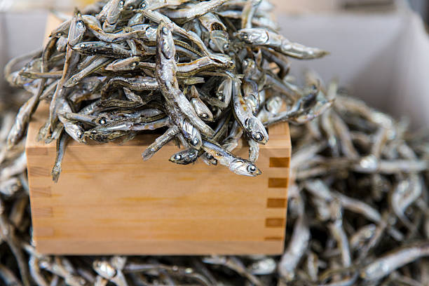 Dried Sardines in Wooden Box stock photo