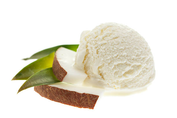 scoop of coconut ice cream with leaves