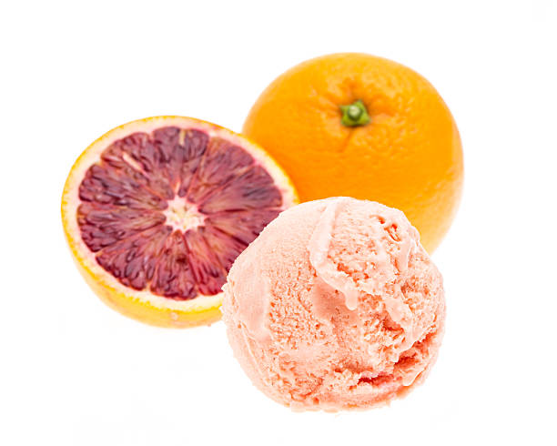 vista frontale di arancia sanguigna gelato - scoop in front of portion colors foto e immagini stock
