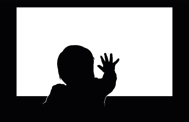 Little toddler touching blank television screen with his hand vector art illustration