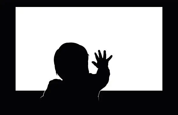 Vector illustration of Little toddler touching blank television screen with his hand