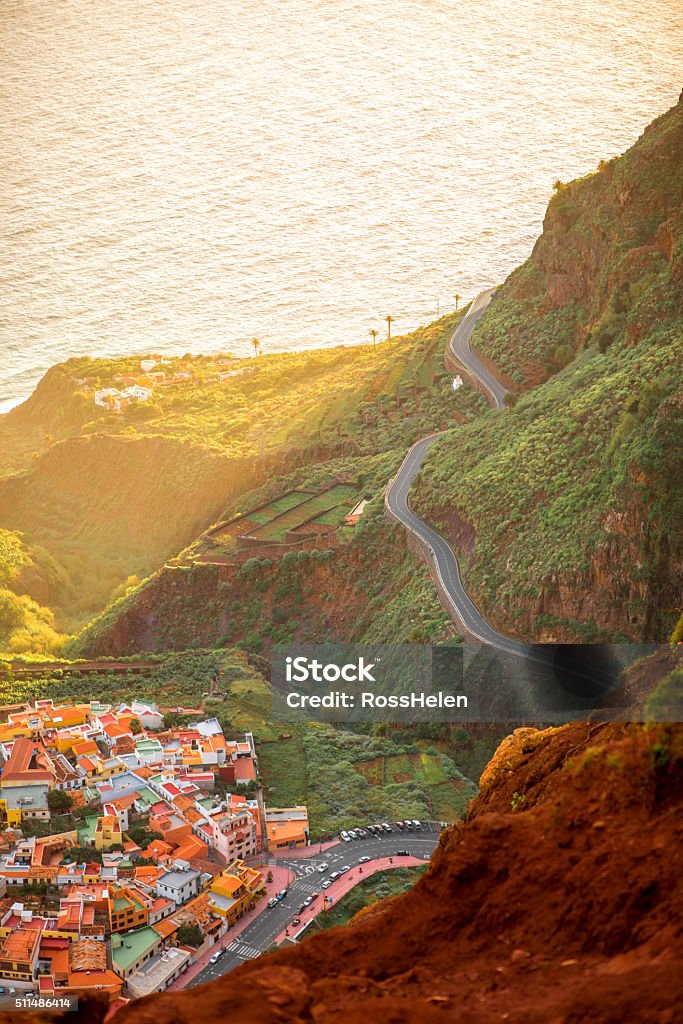 Top view on Agulo coastal village in Spain Top view from Mirador de Abrante on Agulo coastal village on La Gomera island on the sunrise in Spain Gomera - Canary Islands Stock Photo