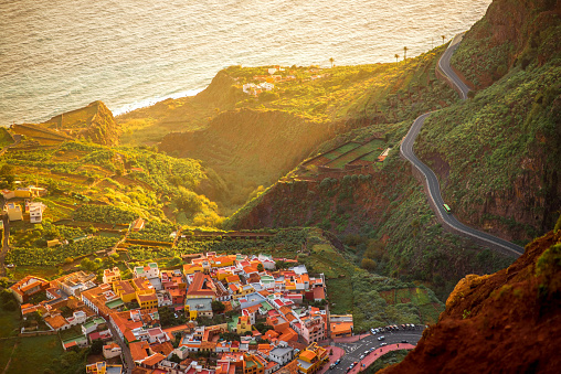 Top view from Mirador de Abrante on Agulo coastal village on La Gomera island on the sunrise in Spain