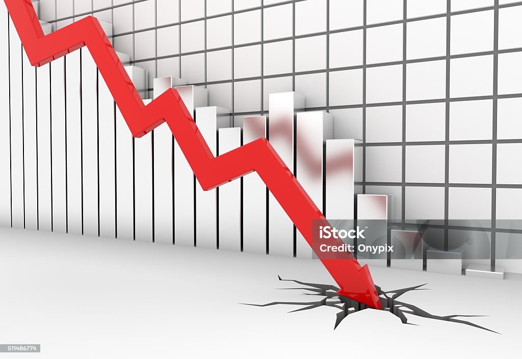 Red 3d arrow graph moves down 3D render illustration - red arrow graph moves down Negative Emotion Stock Photo