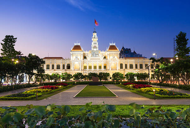 City Hall building at dusk, Ho Chi Minh City stock photo