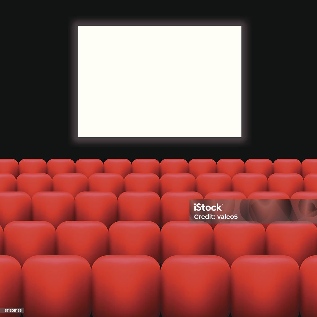 Sala de cine con pantalla y asientos rojo - arte vectorial de A la moda libre de derechos