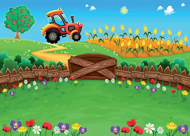 Vector illustration of Funny landscape with tractor and cornfield.