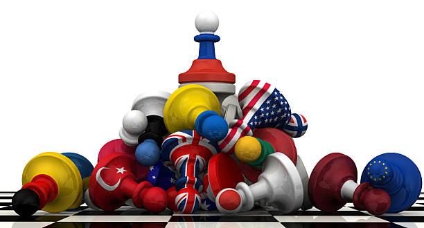 The dominance of the Russian Federation in geopolitics. Concept Chess figure - pawn in Russian flag colors in a pile of fallen pawns in the colors of the flags of different countries. The concept of domination in geopolitics. The three-dimensional illustration. Isolated Europa stock pictures, royalty-free photos & images