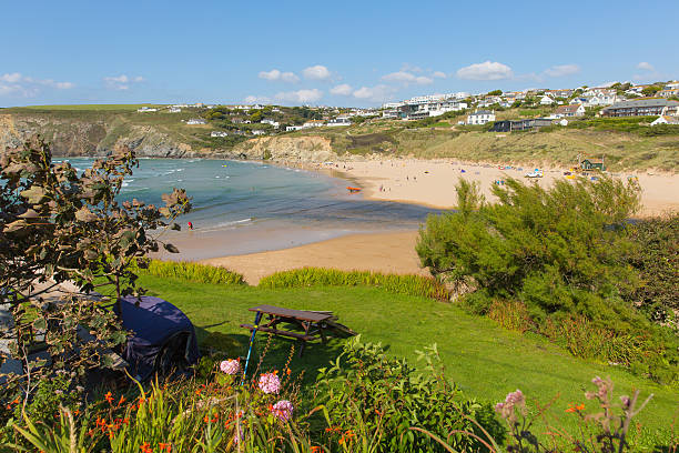 St. Ives, Cornwall, UK. June 18, 201O. The landmark of Portgwidden (Porth Gwidden) beach, with the old fisherman's chapel in the background at St. Ives in Cornwall.