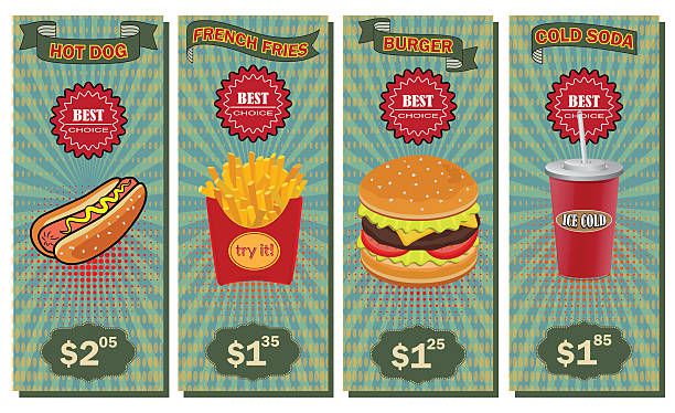 Fast Food vertical banners Vector Fast Food vertical banners set. Restaurant and hamburger, burger lunch snack, soda and hot dog illustration sandwich new hampshire stock illustrations