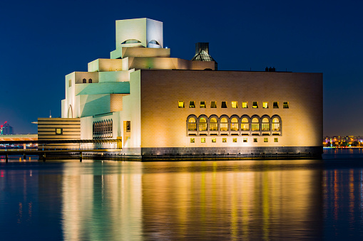 Doha, Qatar - February 20, 2016 : The modern architecture of the Museum of Islamic Arts (MIA) in the city center of Doha, the capital of the Arabian Gulf country Qatar on February 20, 2016.