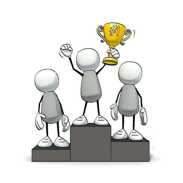 little sketchy men on winner's pedestal with golden cup