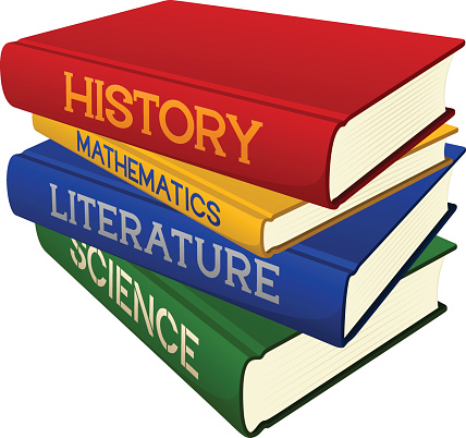 Vector illustration of a stack of school textbooks.  Four subjects: history, math, literature and science. Each book is fully rendered and is on its own layer, easily separated from the other books in a program like Illustrator, etc. Illustration uses linear gradients. Both .ai and AI8-compatible .eps formats are included, along with a high-res .jpg, and a high-res .png with transparent background.