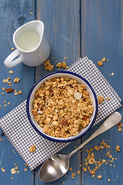 istock granola in bowl, spoon and milk 511524470