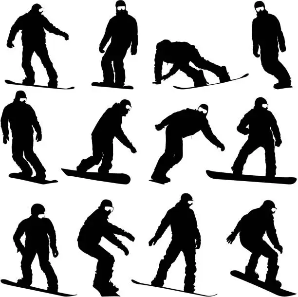 Vector illustration of Set black silhouettes  snowboarders on white background. Vector
