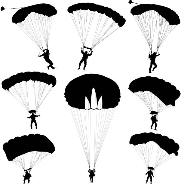 illustrazioni stock, clip art, cartoni animati e icone di tendenza di set skydiver, paracadutismo illustrazione vettoriale silhouette - salvataggio