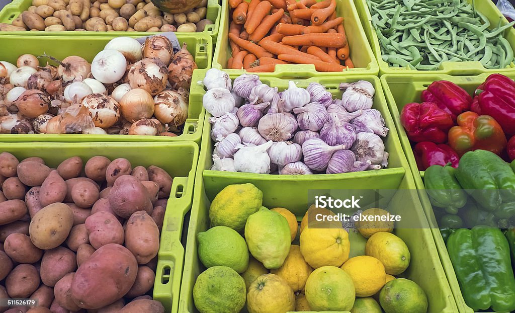 Different vegetables and fruits Different vegetables and fruits for sale at a market Agriculture Stock Photo