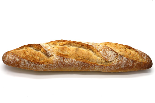 Crusty baguette on white isolated background