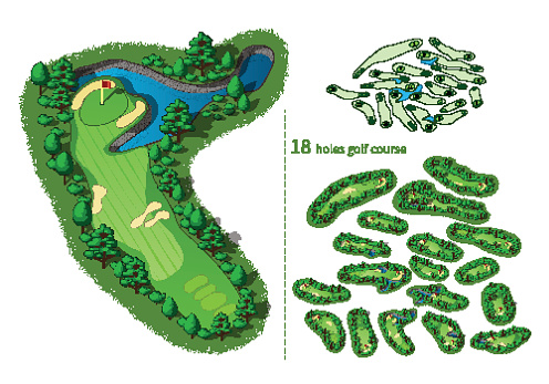 Golf course map 18 holes. Resort layout with flags trees plants water hazards. Vector map isometric illustration