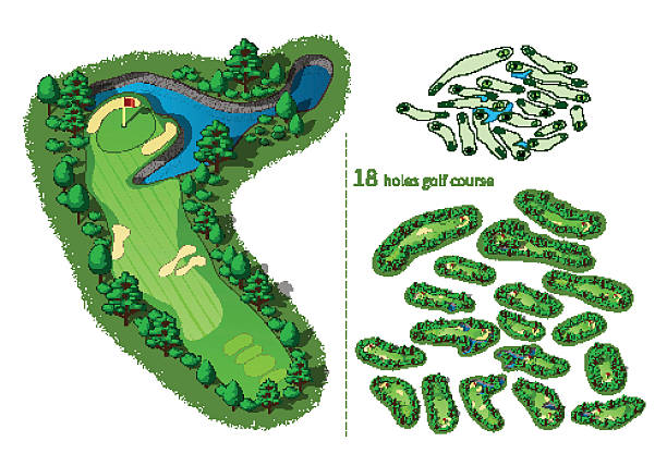 Golf course map 18 holes Golf course map 18 holes. Resort layout with flags trees plants water hazards. Vector map isometric illustration golf course stock illustrations