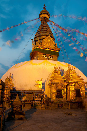 temple of swayambhunath lin kathmandu it the first light of the evening