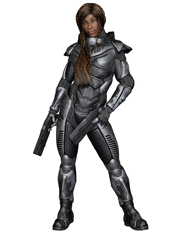 Science fiction illustration of a black female future soldier in protective armoured space suit, standing holding pistols, 3d digitally rendered illustration