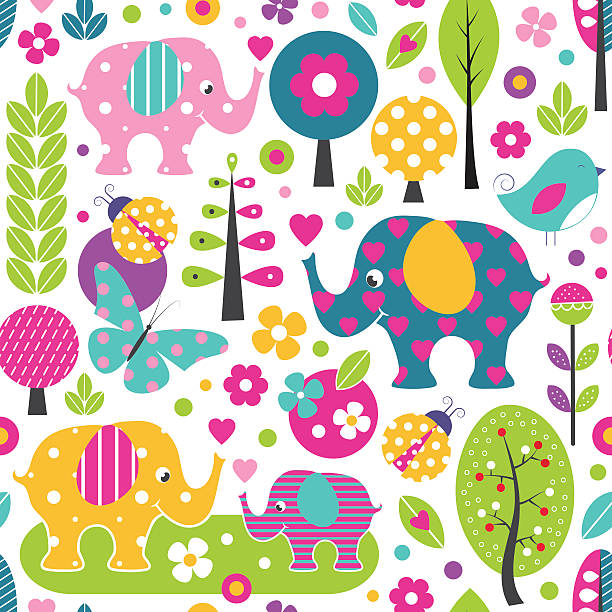 cute elephants in colorful forest pattern illustration of cute elephants, ladybugs, birds and butterflies among colorful trees and flowers elephant ear plant stock illustrations