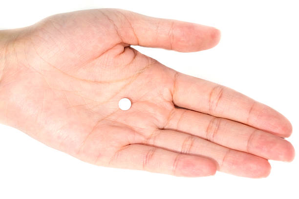 white round pills on women hand isolated on white background