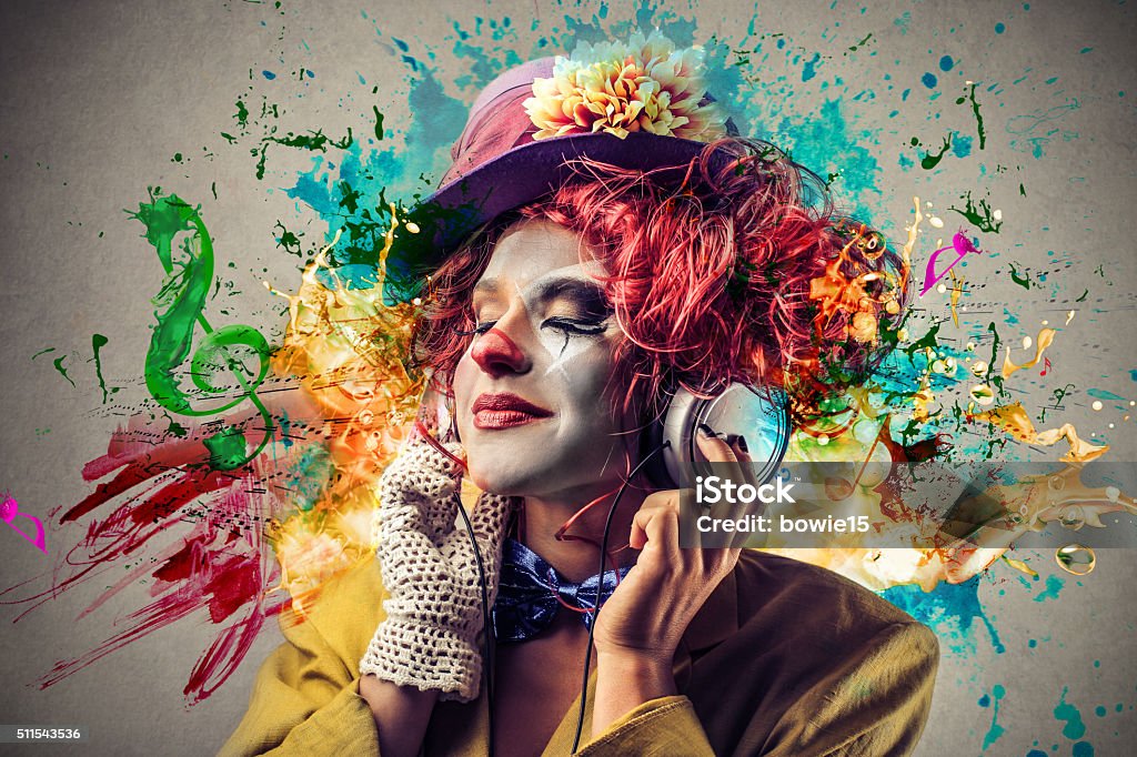 The Female Clown One female clown with her headphone Circus Stock Photo