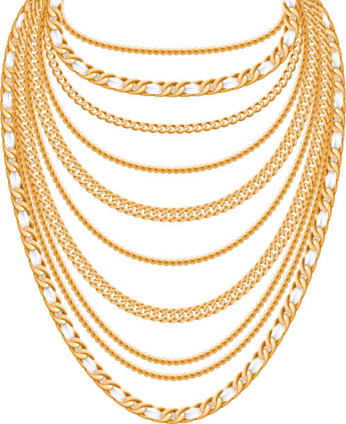 illustrazioni stock, clip art, cartoni animati e icone di tendenza di molte catene oro della collana metallizzata - gold necklace