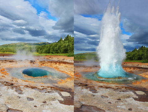 Collage showing different phases of the action of the geyser. Geyser Strokkur in Iceland. Fountain Geyser throws hot water every few minutes