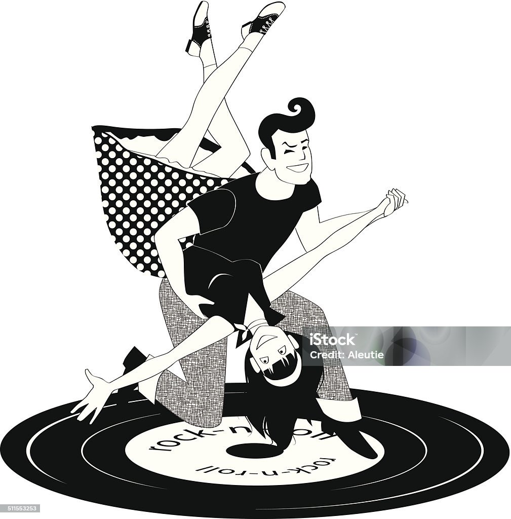 Rock and roll dancing Couple dressed in 1950s style clothes dancing rock'n'roll, vector black and white illustration 1950-1959 stock vector