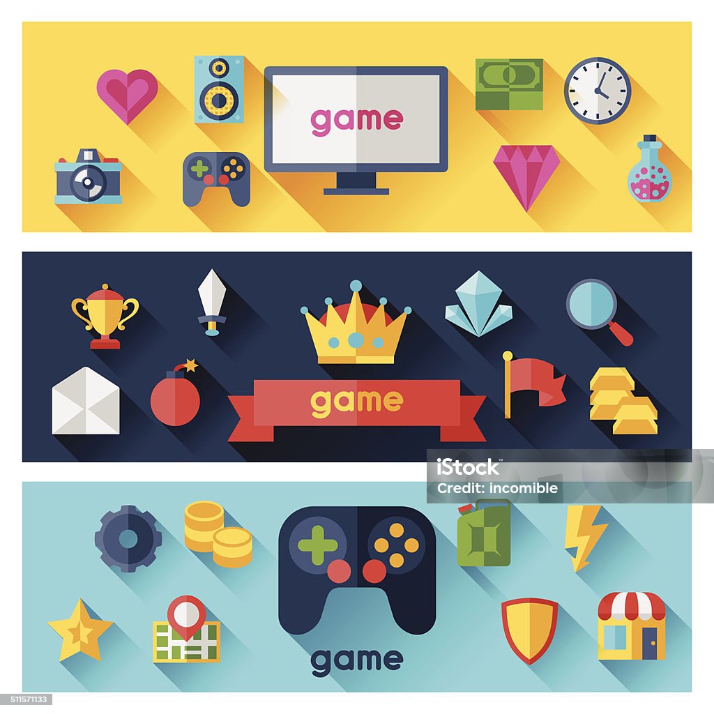 Horizontal banners with game icons in flat design style. Video Game stock vector