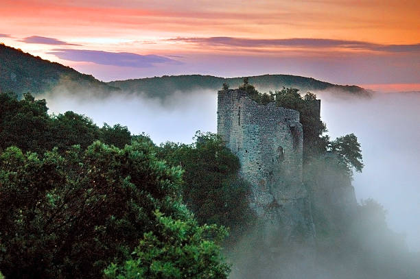 Castle in the Cèze Valley (Vallée de la Cèze, France), early in the morning.