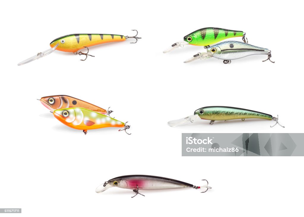 Set of different fishing bait wobbler, isolated on white Fishing Hook Stock Photo