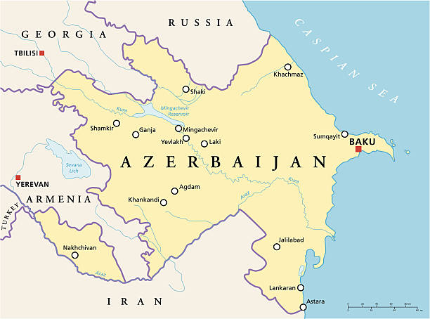 Azerbaijan Political Map Azerbaijan Political Map with capital Baku, national borders, most important cities, rivers and lakes. English labeling and scaling. Illustration. azerbaijan stock illustrations